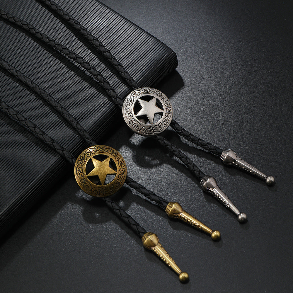 Pentagram Cow Alloy Pendant Polo Collar Necklace Vintage Punk Style Men's Leather Long Necklace Accessories