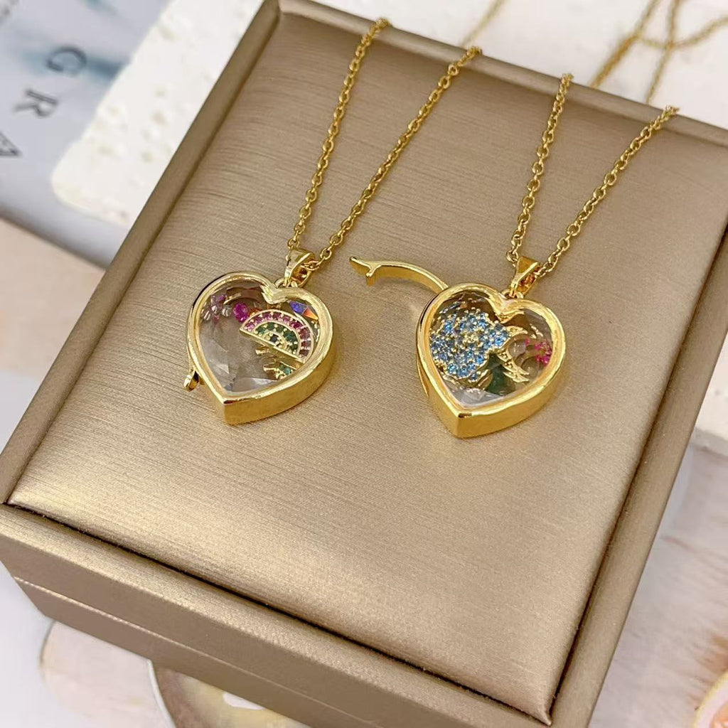 European And American Retro Personalized Open And Close Hollow Design Transparent Box 18K Gold Color-preserving Necklace