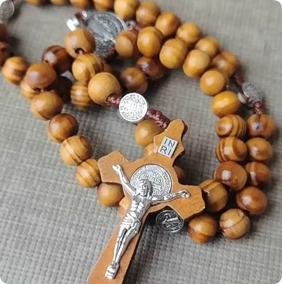 Natural Wooden Cross Rosary Necklace Handmade