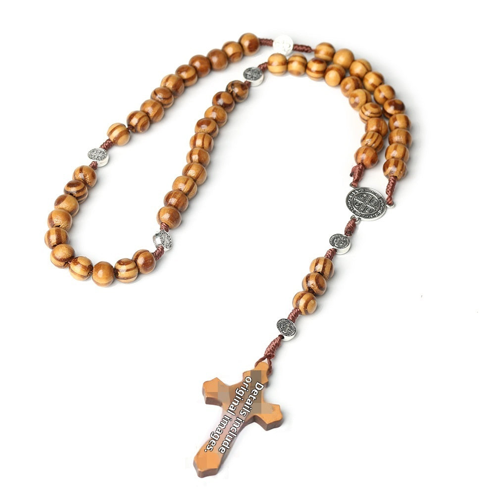 Natural Wooden Cross Rosary Necklace Handmade