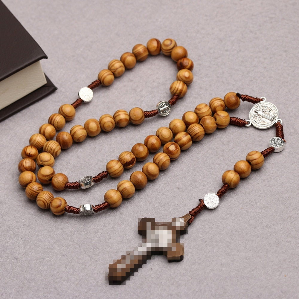 Natural Wooden Cross Rosary Necklace Handmade