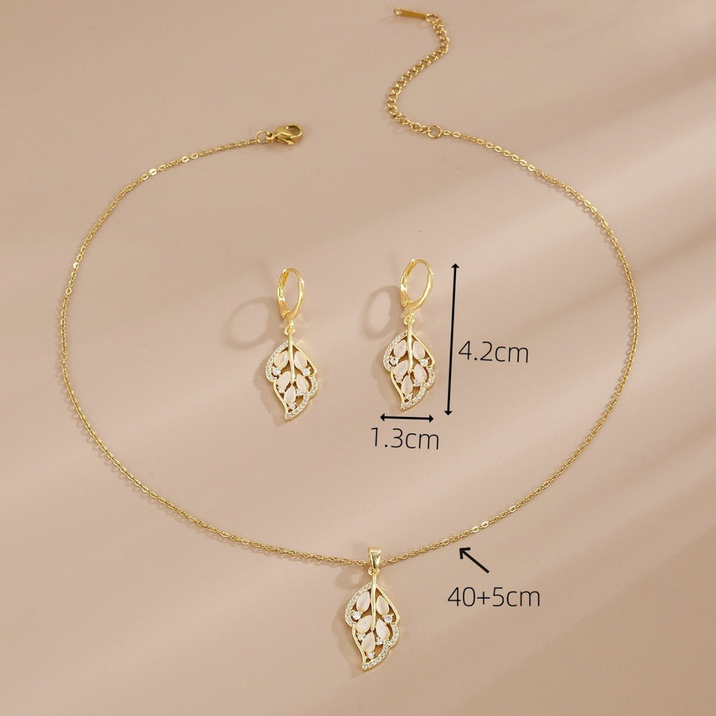 Opal Leaves Necklace Earrings For Women