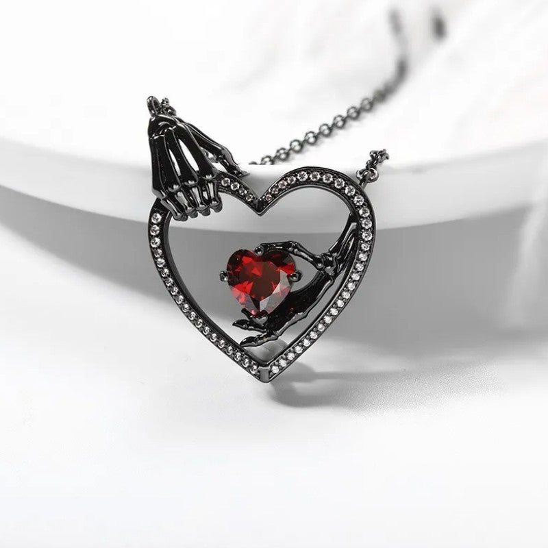 Vintage Gothic Skull Hand Paw Heart Shape With Diamond Heart Pendant