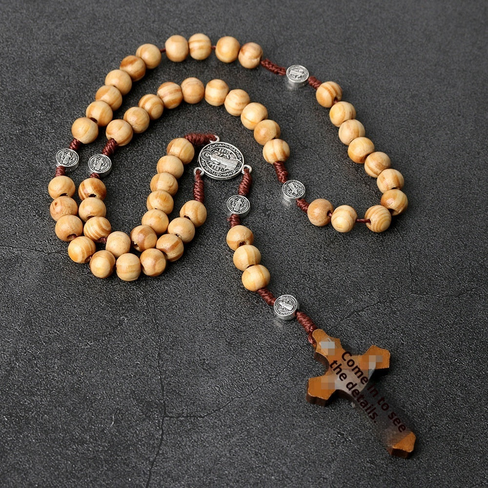 Natural Wooden Cross Rosary Necklace Handmade