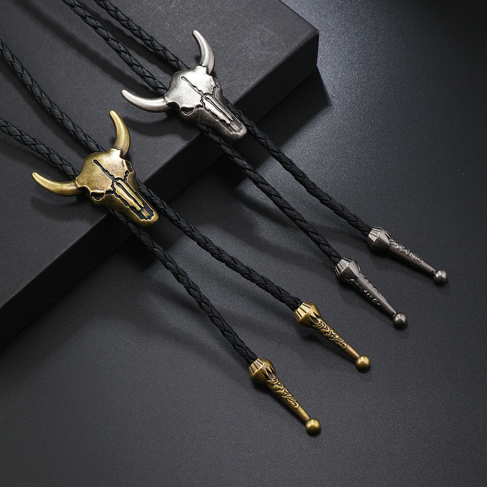 Pentagram Cow Alloy Pendant Polo Collar Necklace Vintage Punk Style Men's Leather Long Necklace Accessories