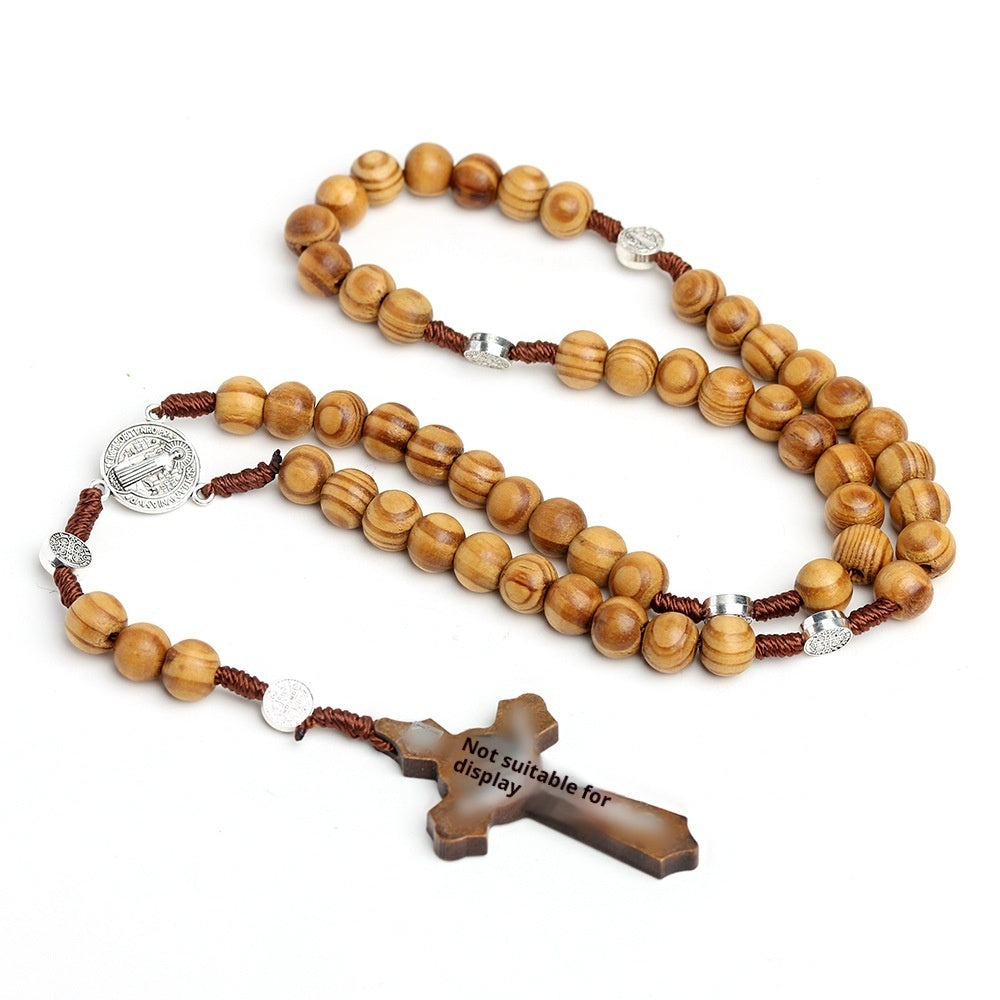 Natural Wooden Cross Rosary Necklace Handmade