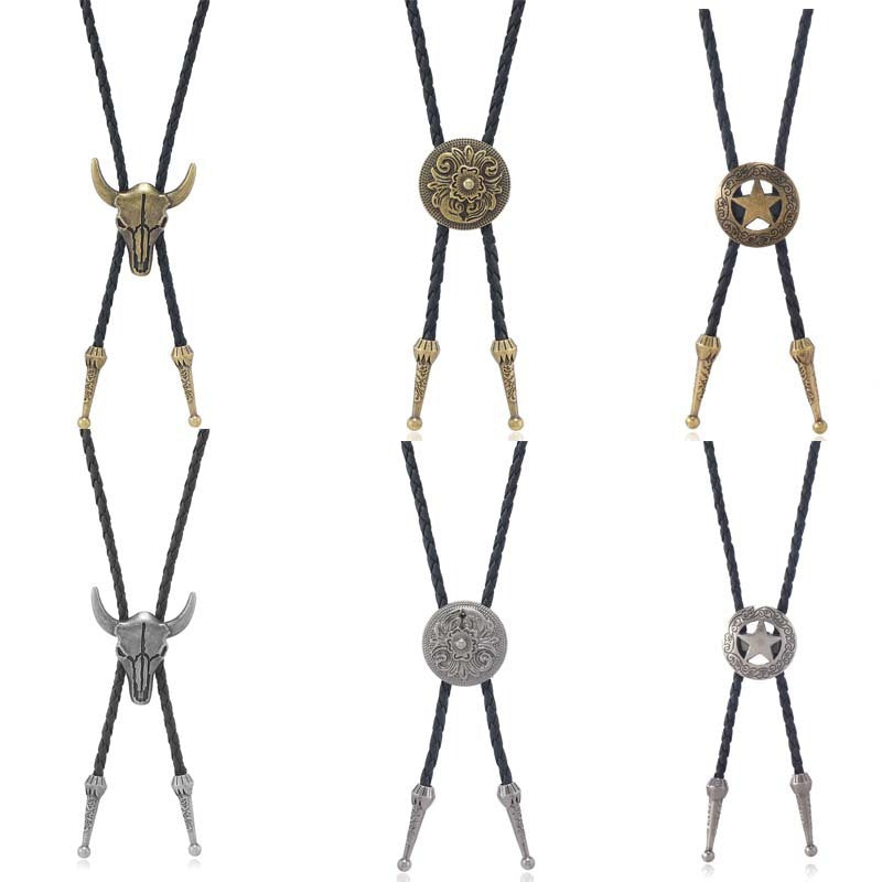 Pentagram Cow Alloy Pendant Polo Collar Necklace Vintage Punk Style Men's Leather Long Necklace Accessories